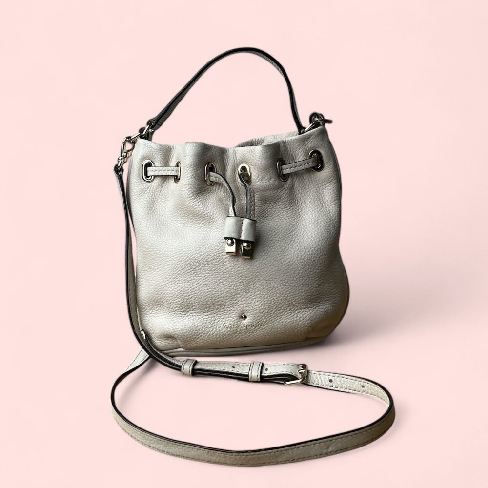 Kate Spade New York Gray Leather Drawstring Bucket Bag With Silver-Tone Hardware